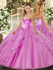 Sweet Sleeveless Tulle Floor Length Lace Up Quinceanera Gowns in Lilac with Beading and Ruffles