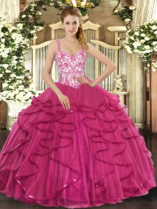 Smart Hot Pink Straps Lace Up Beading and Appliques and Ruffles 15 Quinceanera Dress Sleeveless