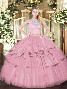  Baby Pink Zipper Sweet 16 Quinceanera Dress Lace and Ruffled Layers Sleeveless Floor Length