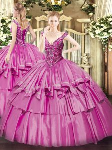  Floor Length Lilac Sweet 16 Dresses Organza and Taffeta Sleeveless Beading and Ruffled Layers