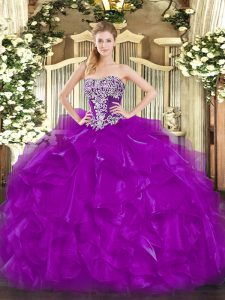  Purple Ball Gowns Beading and Ruffles Sweet 16 Dress Lace Up Organza Sleeveless Floor Length