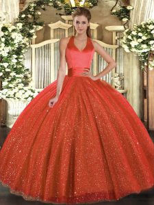  Sequins Quince Ball Gowns Rust Red Lace Up Sleeveless Floor Length