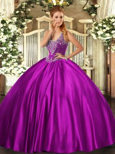 Delicate Ball Gowns Quinceanera Gown Fuchsia Straps Satin Sleeveless Floor Length Lace Up