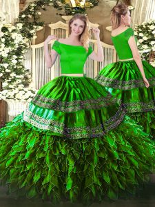 Sumptuous Organza and Taffeta Off The Shoulder Short Sleeves Zipper Embroidery and Ruffles Sweet 16 Quinceanera Dress in Green