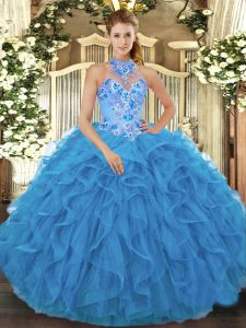  Ball Gowns 15 Quinceanera Dress Baby Blue Halter Top Organza Sleeveless Floor Length Lace Up