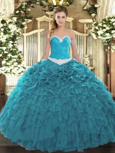  Teal Quinceanera Dresses Military Ball and Sweet 16 and Quinceanera with Appliques and Ruffles Sweetheart Sleeveless Lace Up