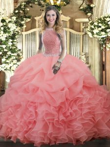 Flirting Beading and Ruffles and Pick Ups Quince Ball Gowns Watermelon Red Lace Up Sleeveless Floor Length