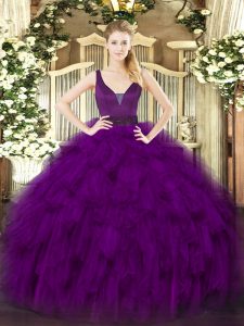  Beading and Ruffles Ball Gown Prom Dress Purple Zipper Sleeveless Floor Length