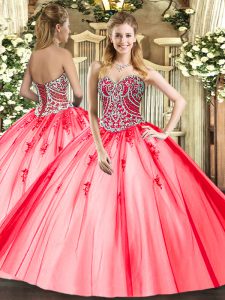 Designer Tulle Sweetheart Sleeveless Lace Up Beading and Appliques Sweet 16 Quinceanera Dress in Coral Red