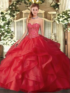 Best Red Tulle Lace Up Sweetheart Sleeveless Floor Length Vestidos de Quinceanera Beading and Ruffles