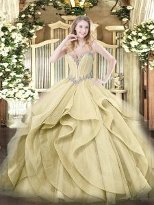 Modern Yellow Ball Gowns Beading and Ruffles Sweet 16 Quinceanera Dress Lace Up Tulle Sleeveless Floor Length