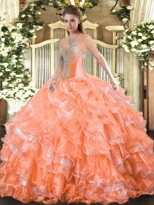Smart Orange Red Sweetheart Neckline Beading and Ruffled Layers 15 Quinceanera Dress Sleeveless Lace Up