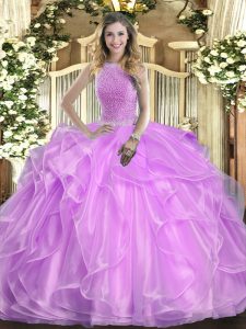  Lilac Ball Gowns Organza High-neck Sleeveless Beading and Ruffles Floor Length Lace Up Quinceanera Dresses