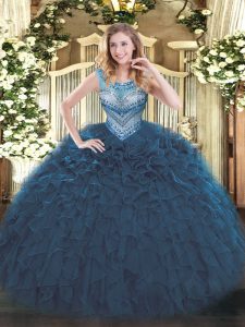 Discount Navy Blue Organza Lace Up Scoop Sleeveless Floor Length Sweet 16 Dresses Beading and Ruffles