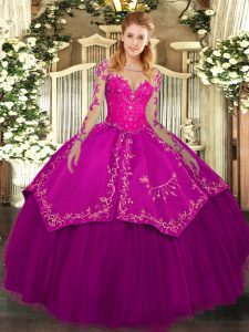 Fabulous Fuchsia Lace Up Scoop Lace and Embroidery Quinceanera Gown Organza and Taffeta Long Sleeves