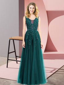 Stylish Turquoise Backless Prom Evening Gown Beading and Appliques Sleeveless Floor Length