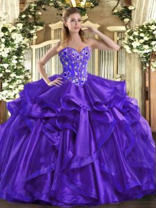 Fashion Purple Sweetheart Lace Up Embroidery and Ruffles Sweet 16 Dresses Sleeveless