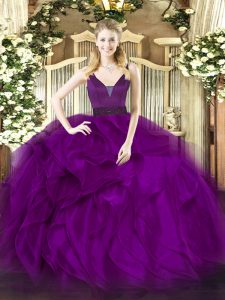 Low Price Sleeveless Floor Length Beading and Ruffles Zipper Vestidos de Quinceanera with Purple