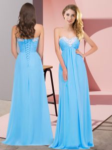 Admirable Floor Length Aqua Blue Prom Gown Chiffon Sleeveless Ruching