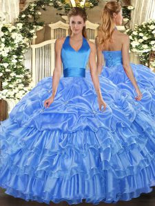  Halter Top Sleeveless Lace Up Quinceanera Gown Baby Blue Organza