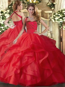 Glittering Ruffles Vestidos de Quinceanera Red Lace Up Sleeveless Floor Length