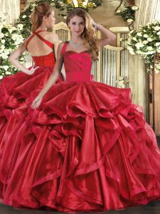 Pretty Ball Gowns Ball Gown Prom Dress Wine Red Halter Top Organza Sleeveless Floor Length Lace Up