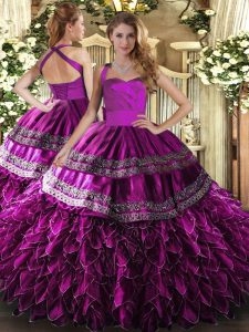 Beauteous Floor Length Fuchsia Sweet 16 Quinceanera Dress Halter Top Sleeveless Lace Up