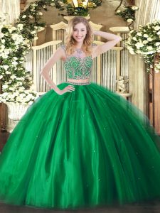 Traditional Green Vestidos de Quinceanera Military Ball and Sweet 16 and Quinceanera with Beading Scoop Sleeveless Lace Up