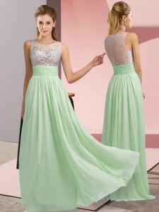Latest Sleeveless Floor Length Beading Side Zipper Prom Party Dress with Apple Green
