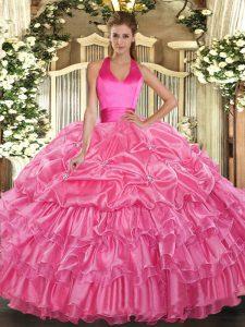 Smart Rose Pink Halter Top Lace Up Ruffled Layers and Pick Ups Sweet 16 Quinceanera Dress Sleeveless