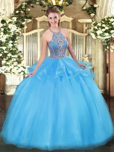 Stunning Aqua Blue Lace Up Sweet 16 Dress Beading and Ruffles Sleeveless Floor Length