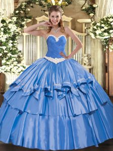  Blue Sleeveless Organza and Taffeta Lace Up 15 Quinceanera Dress for Military Ball and Sweet 16 and Quinceanera