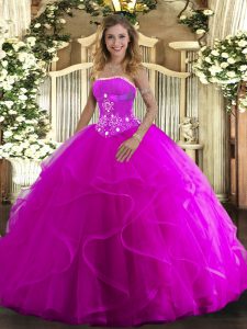 Exquisite Floor Length Lace Up Vestidos de Quinceanera Fuchsia for Military Ball and Sweet 16 and Quinceanera with Beading and Ruffles