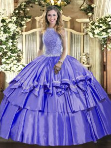  Lavender Ball Gowns Organza and Taffeta High-neck Sleeveless Beading and Ruffled Layers Floor Length Lace Up Sweet 16 Quinceanera Dress