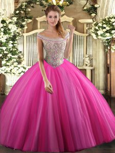 New Style Off The Shoulder Sleeveless Tulle Sweet 16 Dress Beading Lace Up