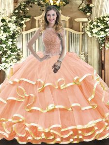  Peach Ball Gowns Beading and Ruffled Layers 15th Birthday Dress Lace Up Organza Sleeveless Floor Length