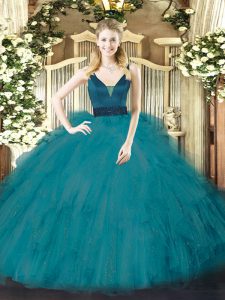 Dazzling Straps Sleeveless Zipper Quinceanera Dresses Teal Tulle