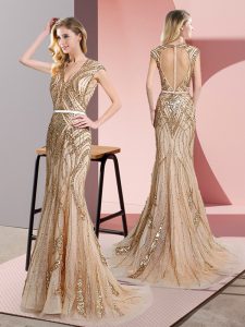 Modest Champagne Mermaid V-neck Sleeveless Tulle Floor Length Zipper Beading and Belt Prom Party Dress