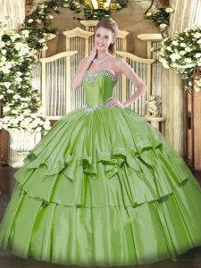  Yellow Green Organza and Taffeta Lace Up Sweetheart Sleeveless Floor Length Sweet 16 Quinceanera Dress Beading and Ruffled Layers