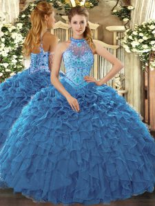  Teal Halter Top Lace Up Beading and Ruffles Quinceanera Gown Sleeveless
