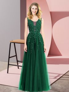  Dark Green Sleeveless Floor Length Beading and Appliques Backless Evening Dress