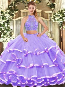 Exquisite Lavender Two Pieces Halter Top Sleeveless Tulle Floor Length Criss Cross Beading and Ruffled Layers Quinceanera Dresses