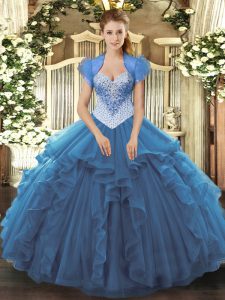  Blue Sleeveless Tulle Lace Up Ball Gown Prom Dress for Military Ball and Sweet 16