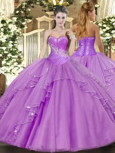  Sleeveless Tulle Floor Length Side Zipper Ball Gown Prom Dress in Lavender with Beading and Ruffles