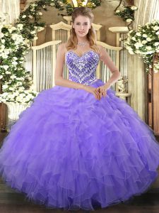 Enchanting Lilac Ball Gowns Sweetheart Sleeveless Tulle Floor Length Lace Up Beading and Ruffles Quince Ball Gowns