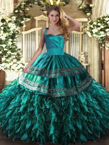  Sleeveless Floor Length Embroidery and Ruffles Lace Up Vestidos de Quinceanera with Turquoise