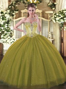 Stylish Olive Green Sleeveless Tulle and Sequined Lace Up Vestidos de Quinceanera for Sweet 16 and Quinceanera