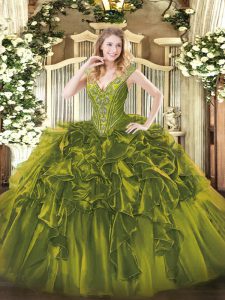  Organza V-neck Sleeveless Lace Up Beading and Ruffles 15th Birthday Dress in Olive Green