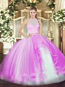  Lilac Scoop Neckline Lace and Ruffles Quince Ball Gowns Sleeveless Zipper