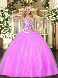 High End Sleeveless Tulle Floor Length Lace Up 15 Quinceanera Dress in Lilac with Beading